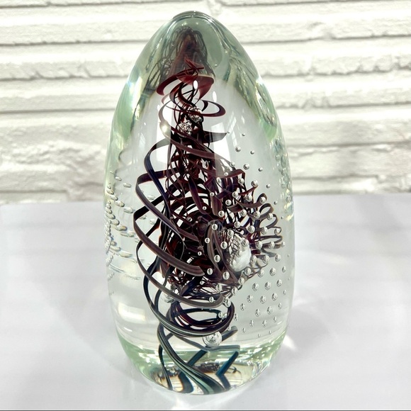 Vintage 1996 Henry Summa Large Egg Glass Paperweight Maroon Ribbon & Bubbles - Picture 2 of 12